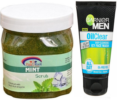 

Pink Root MINT GEL SCRUB 500G WITH GARNIER OIL CLEAR FACEWASH(Set of 2)
