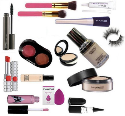 

power point Sponge Puff, Makeup Brush2 With Mac Liquid Eyeliner & Mascara And 2 Shades Blusher & Pro Long Wear Concealer, Star lip Gloss & Mineraliz foundation, Face Loose powder & Stick kajal, Eyelashes & Matte Finish Lipstick & Lash fix Eyelashes glue W