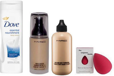 

prolongwear combo Sponge Puff, Face And Body Foundation, MatchMaster Foundation Spf 15, essential nourishment body lotion(Set of 4)