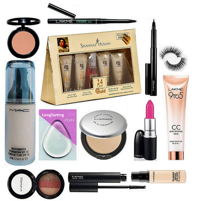 

Longlasting Silicon Puff, Match master Foundation, Studio Prefect Compact, Zoom Lash Mascara, Pen Eyeliner Eyelashes, candy Lipstick, 3 Shade Eyeshadow,Pro longwear Concealer,blusher,eyeconic kaj.,9 to 5 cc cream, Facial Kit(Set of 13)