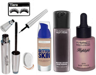 

tiara Eyelashes , Mac Brook Candy Eyeliner And Mascara , Silicone Puff , Maybelliene New york Foundation , Prep+Prime Highlight , Face Serum(Set of 7)