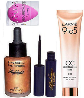 

Fancify sponge puff & Mac prep+prime skin base visage Highlighter gold , Padma Eyeliner , Lakme 9 to 5 CC Cream(Set of 4)