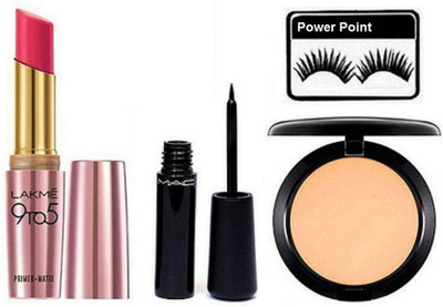 

power point Eyelashes & Lakme 9 to 5 Primer+Matte Lipstick Pink Perfect, Mac Liquid Last Eyeliner& Studio Fix Compact(Set of 4)
