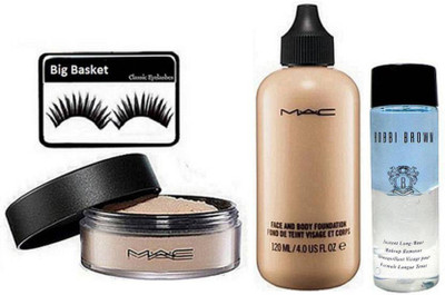 

big Basket Eyelashes , Mac Face & Body Foundation , Loos Pudre ,& BoBBI Brown Makeup Remover(Set of 4)