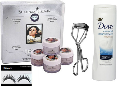 

Ultimate Eyelasehs, Shahnaz Husain Diamond Facial Kit 40 g,Curler Eyelash,Dove Essential nourishment body lotion(Set of 4)