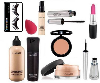 

powerpoint Eyelashes,mac face and body foundation, mac concealer, prep+prime moisture serum, Loose Powder,mac lipstick, brooke candy eyeliner and mascara, Bobbi Brown Corrector and Sponge Puff(Set of 10)