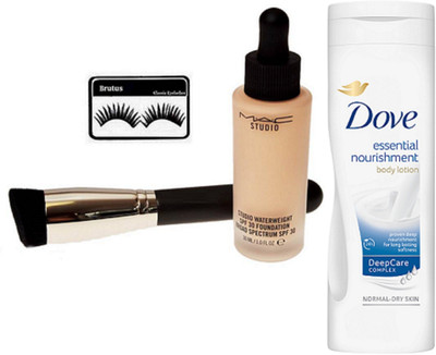 

BRUTUS Eyelashes, Mac Studio Waterweight Spf 30 Foundation, Makeup Brush, dove essential nourishment body lotion(Set of 4)