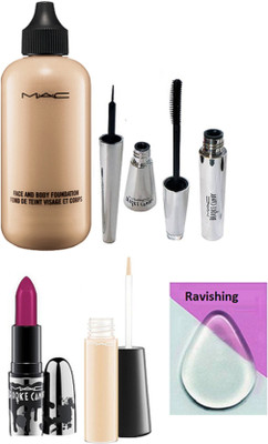 

ravishing silicon Puff , Mac Face & Body Foundation,Brooke Candy Lipstick , Mascara,Eyeliner With Mineralize Concealer(Set of 6)