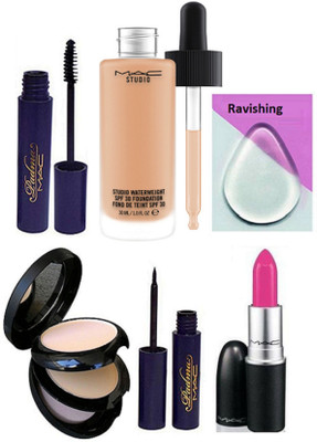 

ravishing silicon Puff & Mac Studio Waterweight Foundation Matte Lipstick,Padma Mascara,Eyeliner With Compact(Set of 6)