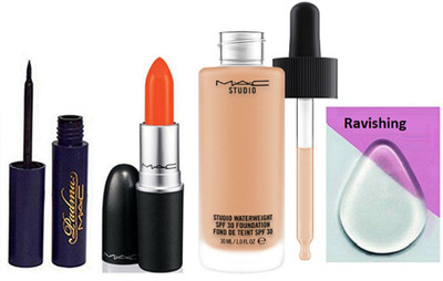 

ravishing silicon Puff & Mac Studio Waterweight Foundation Matte Orange Lipstick With Padma Eyeliner(Set of 4)
