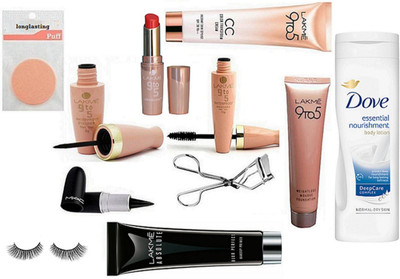 

longlasting puff With Lakme 9to5 Eyeliner And Mascara, Mousse Foundation & Eyelashes Curler,CC Color transform Cream With Lakme Absolute Blur Perfect Makeup Primer,Mac Stick Kajal,Dove Essential Nourishment Body lotion,Eyelashes(Set of 11)