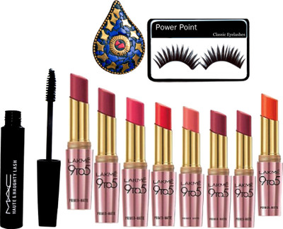 

power point Eyelashes&Mac Haute Naughty Lash Mascara&Lakme 9To5 Lipstick Pack Of 8&Ring(Set of 11)