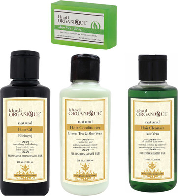 

khadi organique aloevera soap,bhringraj hair oil,green tea aloevera hair conditioner,aloevera hair cleanser(shampoo) combo pack set of 4(Set of 4)