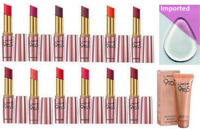 

Imported silicon Puff, 9 to 5 Multicolor Lipstick Pack Of 12, Prime Matte Lipstick With Mousse Foundation(Set of 14)