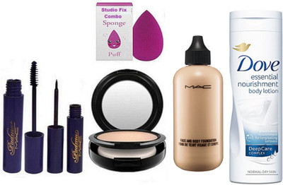 

studio fix combo Sponge Puff & Face And Body Foundation & Mac Compact & Padma Eyeliner & Mascara & Dove essential Nourishment Body Loction(Set of 6)