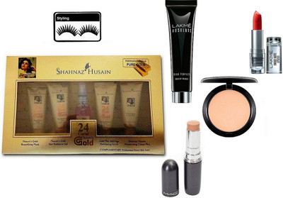 

Styling Eyelashes, Mac Stick Concealer,Compact, Lakme Absolute Blue Perfect Makeup Primer, Enrich Matte Finish Lipstick, Shahnaz Husain 24 Carat Natural's Gold(Set of 6)