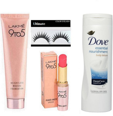 

Ultimate eyelashes &9 to 5 weightless mousse foundation & 9 to 5 primer+ matte finish lipstickDove Essential nourishment body lotion(Set of 4)