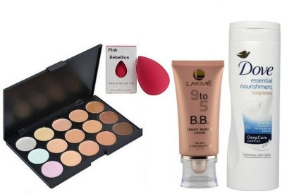 

Pink Rebellion sponge puff & mac concealer palette in 15 shades and 9 to 5 B.B Bright Benefit cream & Dove Essential Nourishment Body Lotion(Set of 4)