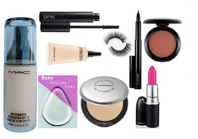 

eska Silicon Puff , Mac Matchmaster Foundation, Studio Prefect Compact, Zoom Lash Mascara, Pen Eyeliner Eyelashes, candy Yum-yum Lipstick, Blusher, Select Cover-Up(Set of 9)