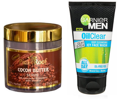 

Pink Root COCOA BUTTER SCRUB 100G WITH GARNIER OIL CLEAR FACEWASH(Set of 2)