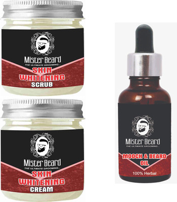 

Mister Beard SKIN WHITENING SCRUB 100gM, SKIN WHITENING CREAM 100gm WITH MOOCH & BEARD OIL 35ml(Set of 3)