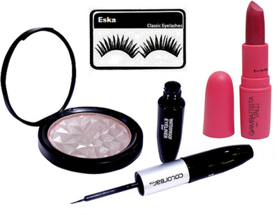 

eska Eyelashes, Mac Illuminator, Gaimbattista Valli Lipstick & Colorbar 2 in 1 Eyeliner+Mascara(Set of 4)