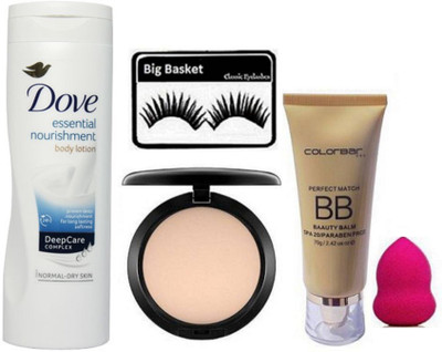 

big basket Eyelashes, Mac Studio Fix Compact,Colorbar Liquid Foundation & Sponge Puff, Dove Essential Nourishment Body Lotion(Set of 5)