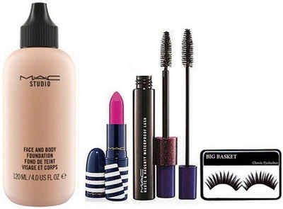 

big Basket Eyelashes , Mac Face & Body Foundation , Dual Type Brush Mascara , Lipstick(Set of 4)