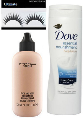 

Ultimate eyelashes & mac face and body foundation de teint & Dove Essential nourishment body lotion(Set of 3)