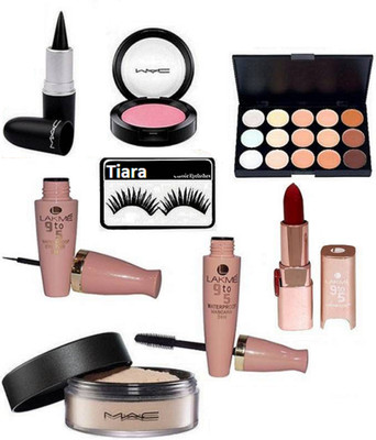 

tiara Eyelashes , Mac 15 shades Concealer Palette , Stick Kajal , Lakme 9 to 5 Eyeliner And Mascara , Lipstick , Loose Powder , blusher(Set of 8)