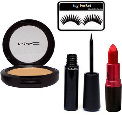 

big basket Eyelashes , Mac Studio Fix Compact With Mac liquidlast Liner & Lady Gaga Matte red Lipstick(Set of 4)