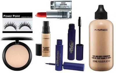 

power point Eyelashes, Mac face and body foundation, pro long wear concealer, compact, padma liner and mascara & Lakme 9to5 Enrich Matte Finish Lipstick(Set of 7)
