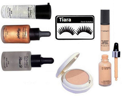 

tiara Eyelashes & With Waterwieght Foundation & Mac prep+prime Primer & Highlighter With Lightfull Compact & Pro longwear Concealer , Primer oil(Set of 7)