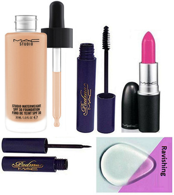 

ravishing silicon Puff & Mac Studio Waterweight Foundation Matte Lipstick With Padma Mascara & Eyeliner(Set of 5)