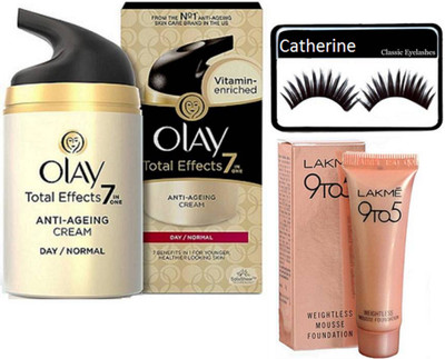 

catherine eyelashes&Olay Total Effects 7-in-1 Anti Aging Day Skin Cream, Normal,Lakme 9 To 5 Weightless Mousse Foundation 6gm(Set of 3)