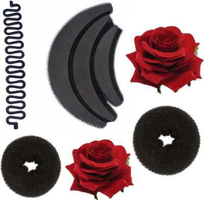 

JAGTEK Hair Accessories set of 8pcs / 1 pcs braid tools , 3pcs volumizer , 2 pcs red rose clip , 2 pcs medium donut Hair Accessory Set(Black)
