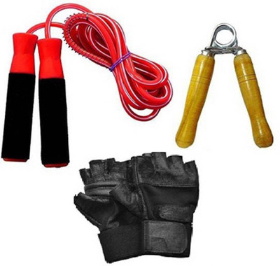 

StepInnStore ''BEST QUALITY COMBO'' 1SET LEATHER GYM GLOVES + 1PCS SKIPPING ROPE + 1PCS WOODEN HAND GRIP Gym & Fitness Kit