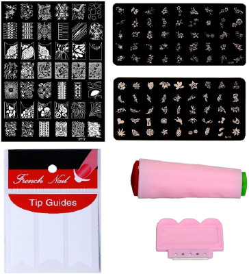 

Royalkart Nail Art Combo Kit With 2pcs Small Stamping Image Plates (To-08,16), 1pc Large Stamping Image Plate(xy17) & French Manicure Finger Tip Guide(multicolour)