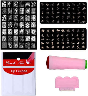 

Royalkart Nail Art Combo Kit With 2pcs Small Stamping Image Plates (To-08,16), 1pc Large Stamping Image Plate(xy13) & French Manicure Finger Tip Guide(multicolour)