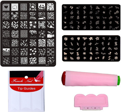 

Royalkart Nail Art Combo Kit With 2pcs Small Stamping Image Plates (To-08,16), 1pc Large Stamping Image Plate(xy11) & French Manicure Finger Tip Guide(Multicolour)