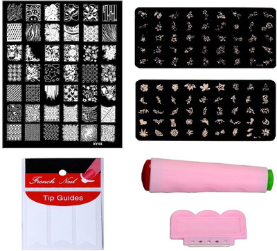 

Royalkart Nail Art Combo Kit With 2pcs Small Stamping Image Plates (To-08,16), 1pc Large Stamping Image Plate(xy15) & French Manicure Finger Tip Guide(multicolour)