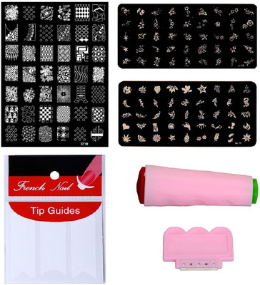 

Royalkart Nail Art Combo Kit With 2pcs Small Stamping Image Plates (To-08,16), 1pc Large Stamping Image Plate(xy19) & French Manicure Finger Tip Guide(multicolour)