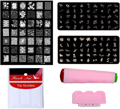 

Royalkart Nail Art Combo Kit With 2pcs Small Stamping Image Plates (TO-08,16), 1pc Large Stamping Image Plate(XY16) & French Manicure Finger Tip Guide (Multicolour)(Multicolour)