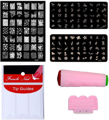 

Royalkart Nail Art Combo Kit With 2pcs Small Stamping Image Plates (To-08,16), 1pc Large Stamping Image Plate(xy12) & French Manicure Finger Tip Guide(Multicolour)
