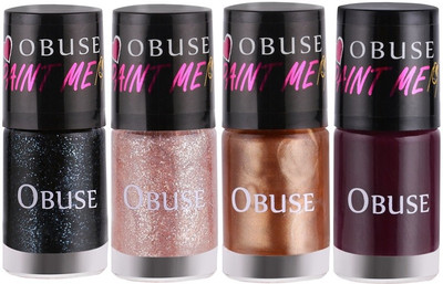 

Obuse Paint Me Non-Toxic Long Lasting Premium Nail Paint Vegan Flirty Black, Pink Crush, Antique Gold, Purple Fusion(Pack of 4)