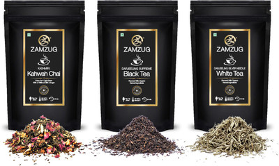 

ZAMZUG Kashmiri Kahwah Premium Green Tea, Almond, Cardamom, Clove, Cinnamon, Ginger, Rose Petal Saffron & Darjeeling Supreme Black Tea & Darjeeling Silver Needle White Tea (Pack of 3 / 50 gram each/ 30 cup each) Spices Herbal Tea(50 g, Pouch)