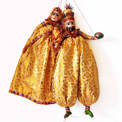 Artlivo Artlivo POPART Yellow Brocade Kathputli Puppet 20"/ Wall Decor/ Wall Hanging/ Puppet/ Decorative Puppet/ Kathputali/ figurine/ Hanging Hand Puppets(Pack of 2)