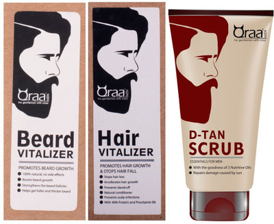 

Qraa Beard Vitalizer 30ml+Hair Vitalizer 60ml+De Tan scrub 100gm(Set of 3)