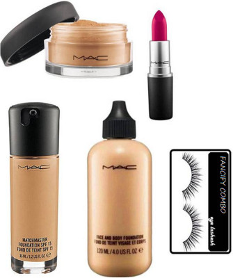 

FANCIFY COMBO Eyelashe, mac loose powder, lipstick, matchmaster and , face and body foundation(Set of 5)
