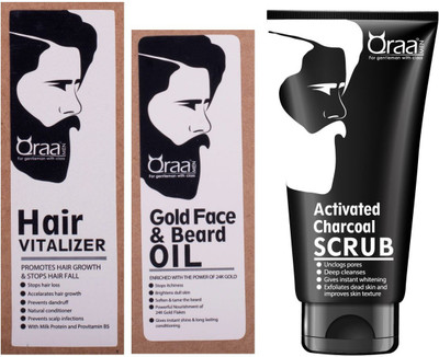 

Qraa Hair Vitalizer 60ml+Gold face and Beard Oil 30ml+Activated Charcoal scrub 100gm(Set of 3)